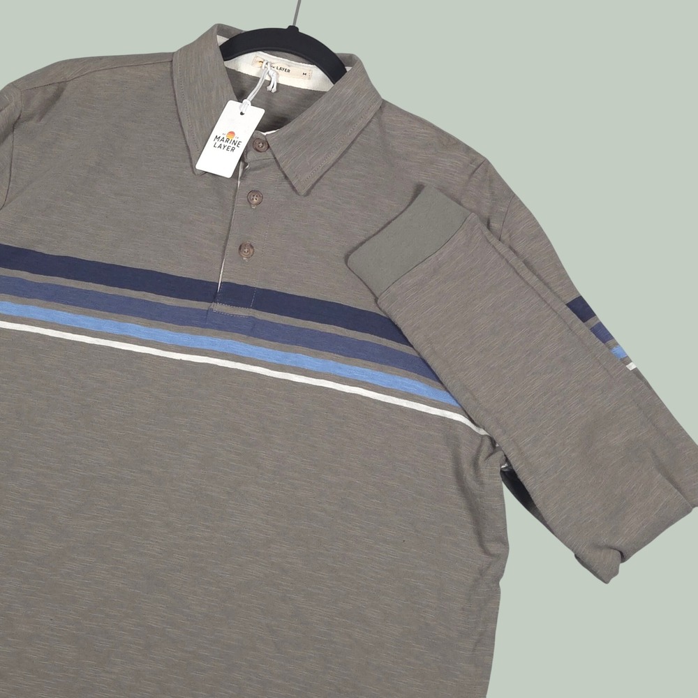Marine Layer NEW MSRP $108 Men Medium Heavy Slub Rugby Polo Green Blue Stripe